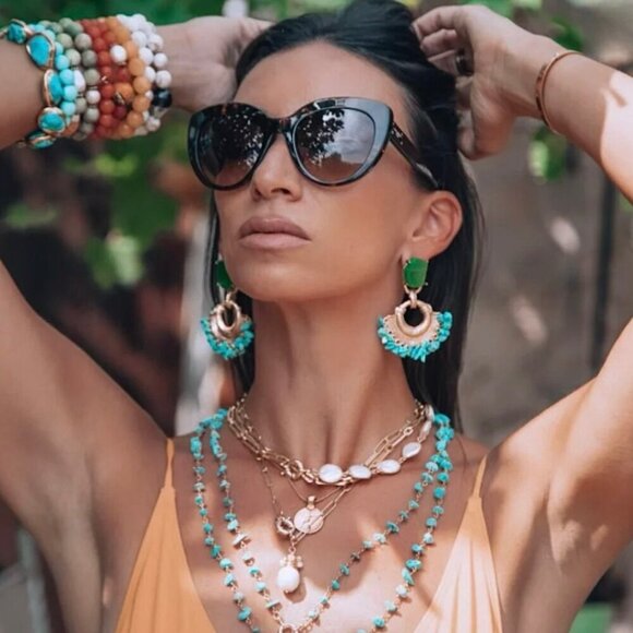 NWT Gold Natural Turquoise Gemstone Dangle Drop Statement Earrings - Picture 4 of 8